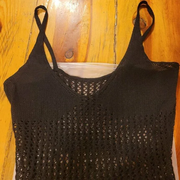 Micas Women's Size Medium Black Open Knit Mini Dress Ruffle Hem NWT Cami Style - Picture 4 of 6